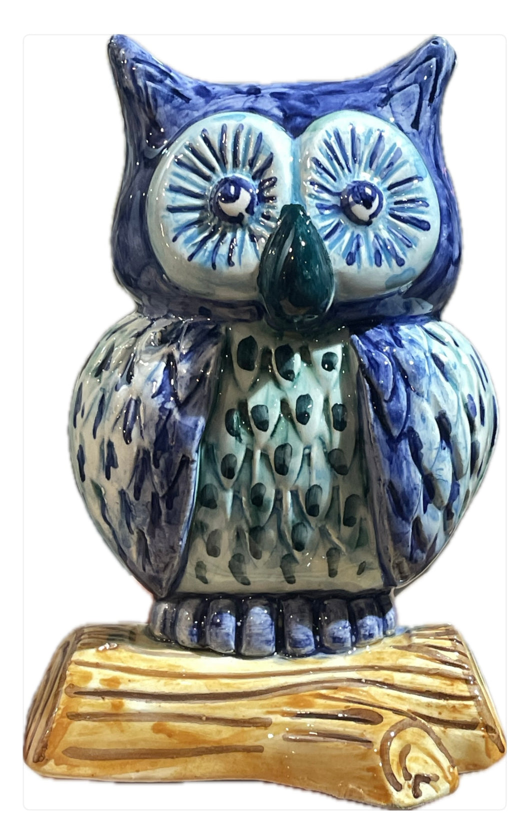 Civetta in ceramica su tronchetto fatta a mano in cinque colori