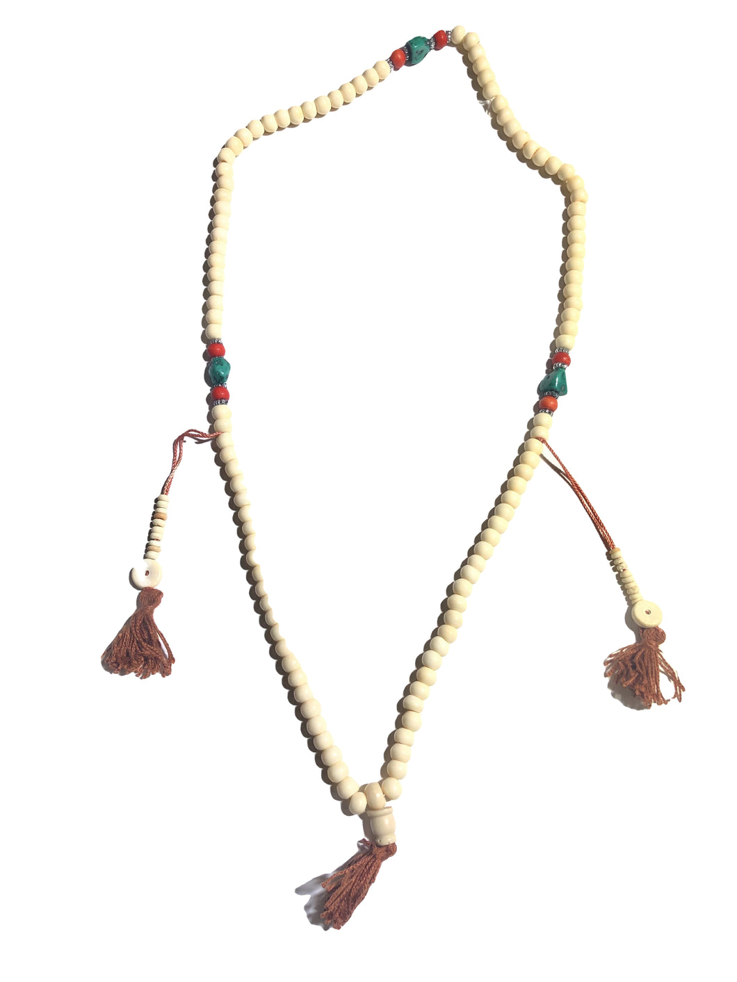 Mala tibetano in osso di Jak, corallo tibetano e agata turchese