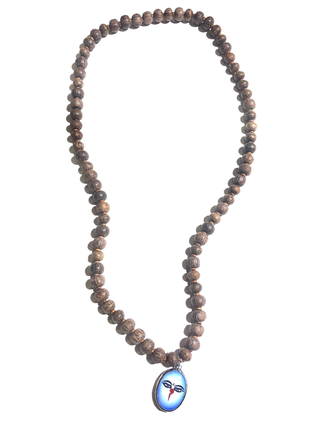 Mala tibetano in legno di cocco e occhi di Buddha