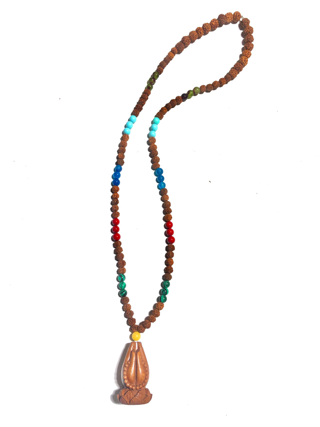 Mala tibetano in semi di Rudra, malachite, celestite, agata blu, corallo fossile e mani di Buddha in legno con rosario