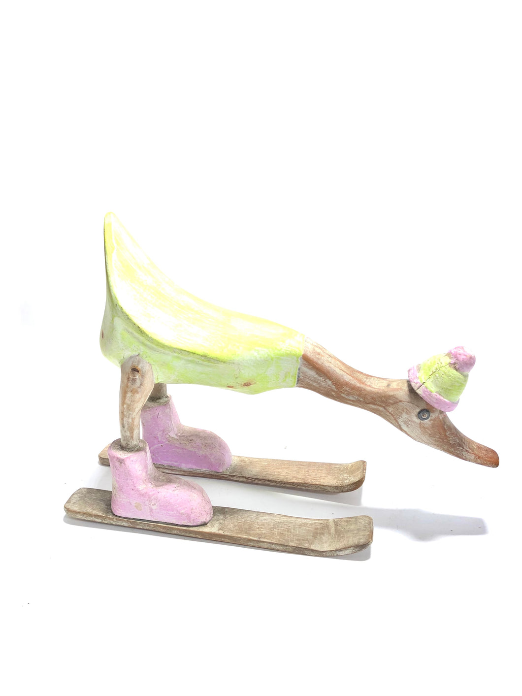 Anatra in legno su scii in due diverse colorazioni