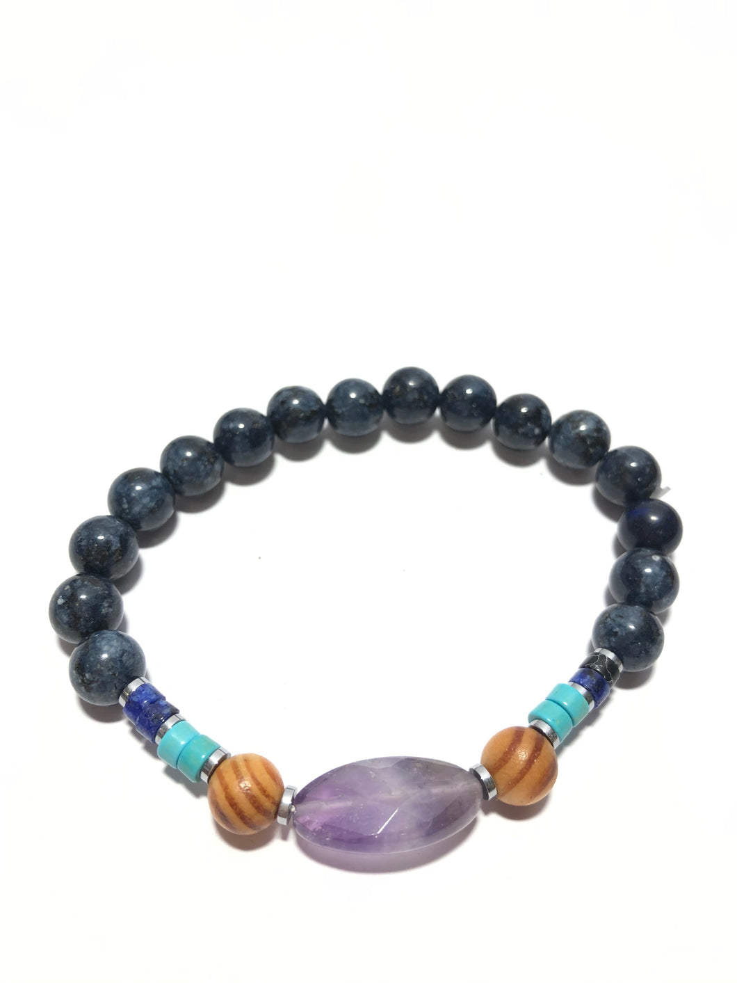 Bracciale in pietre dure con ametista, legno e agata viola