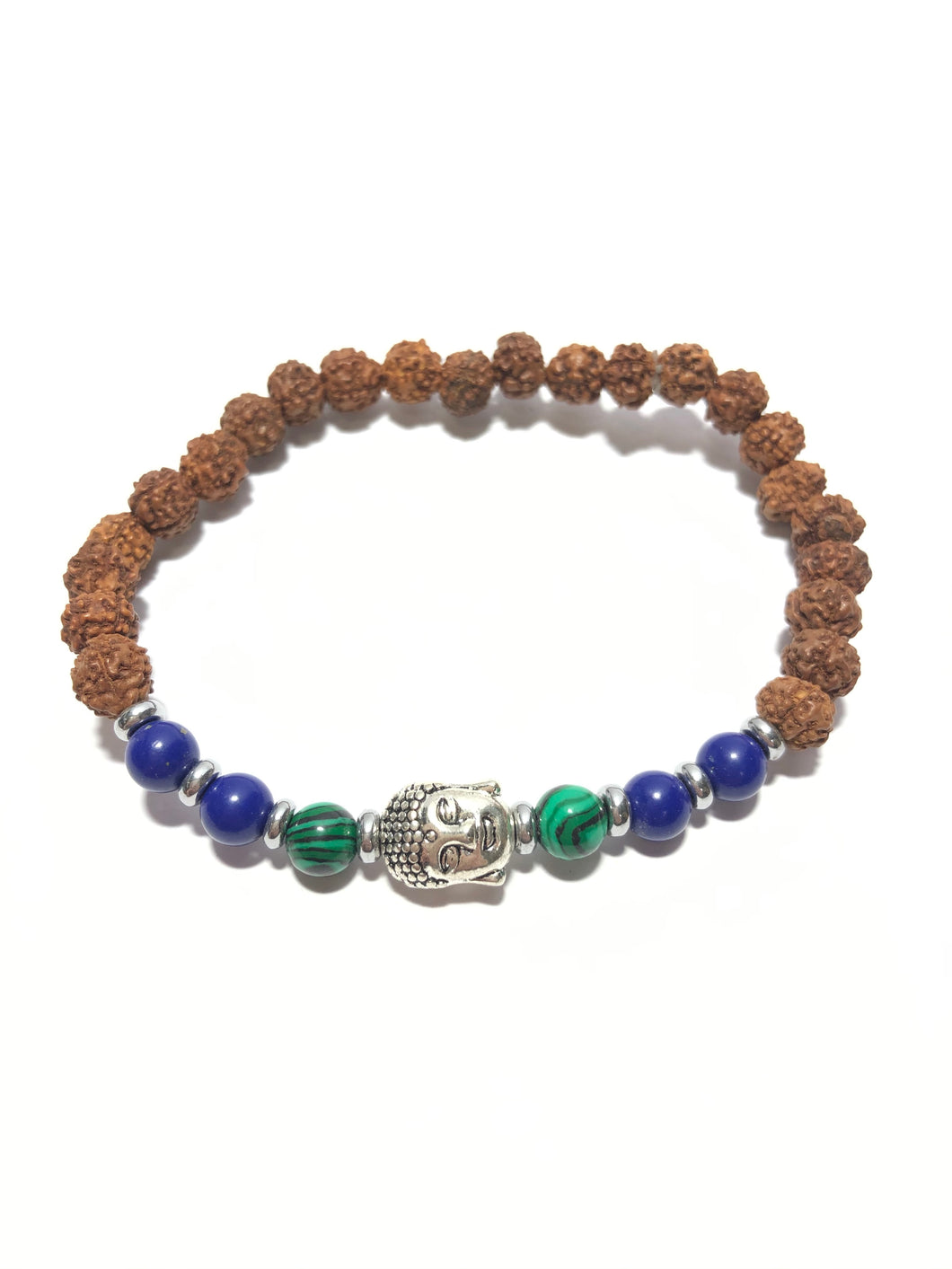 Bracciale in semi di Rudra, lapislazzuli, malachite e volto di Buddha