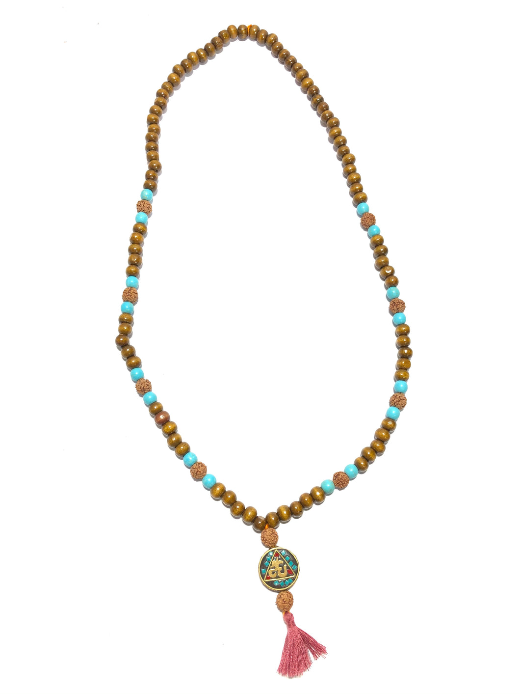 Mala tibetano in legno, pietre turchesi e semi di Rudra con ciondolo in ottone con simbolo dell'ohm in corallo fossile e pasta turchese