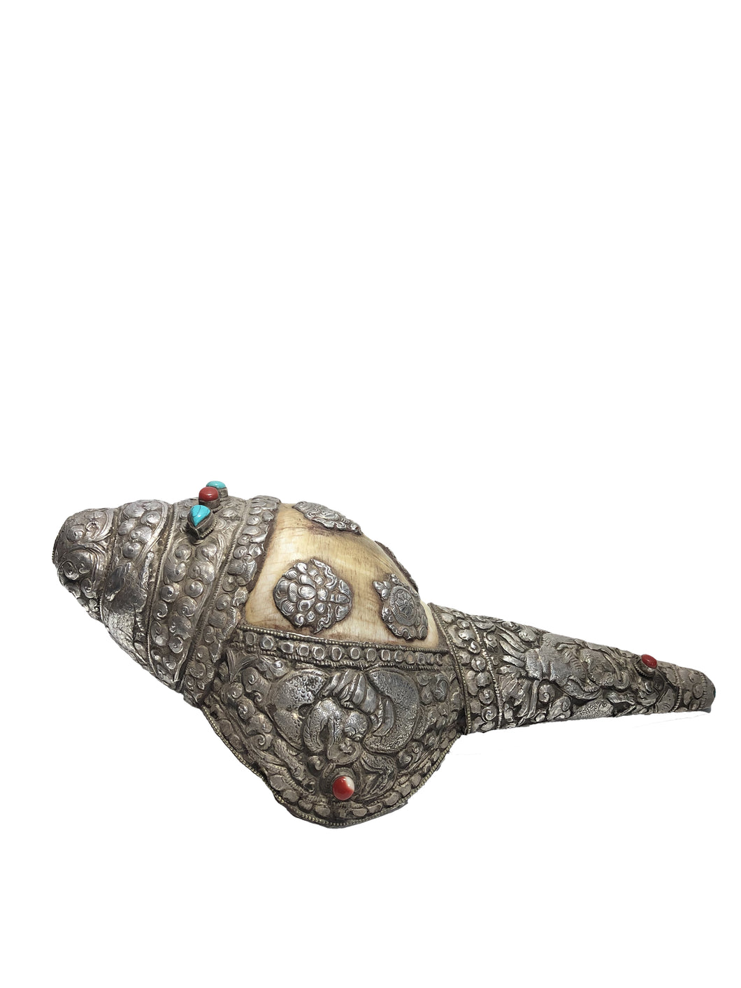 Tromba Tibetana in Conchiglia vera, argento, pasta turchese e corallo