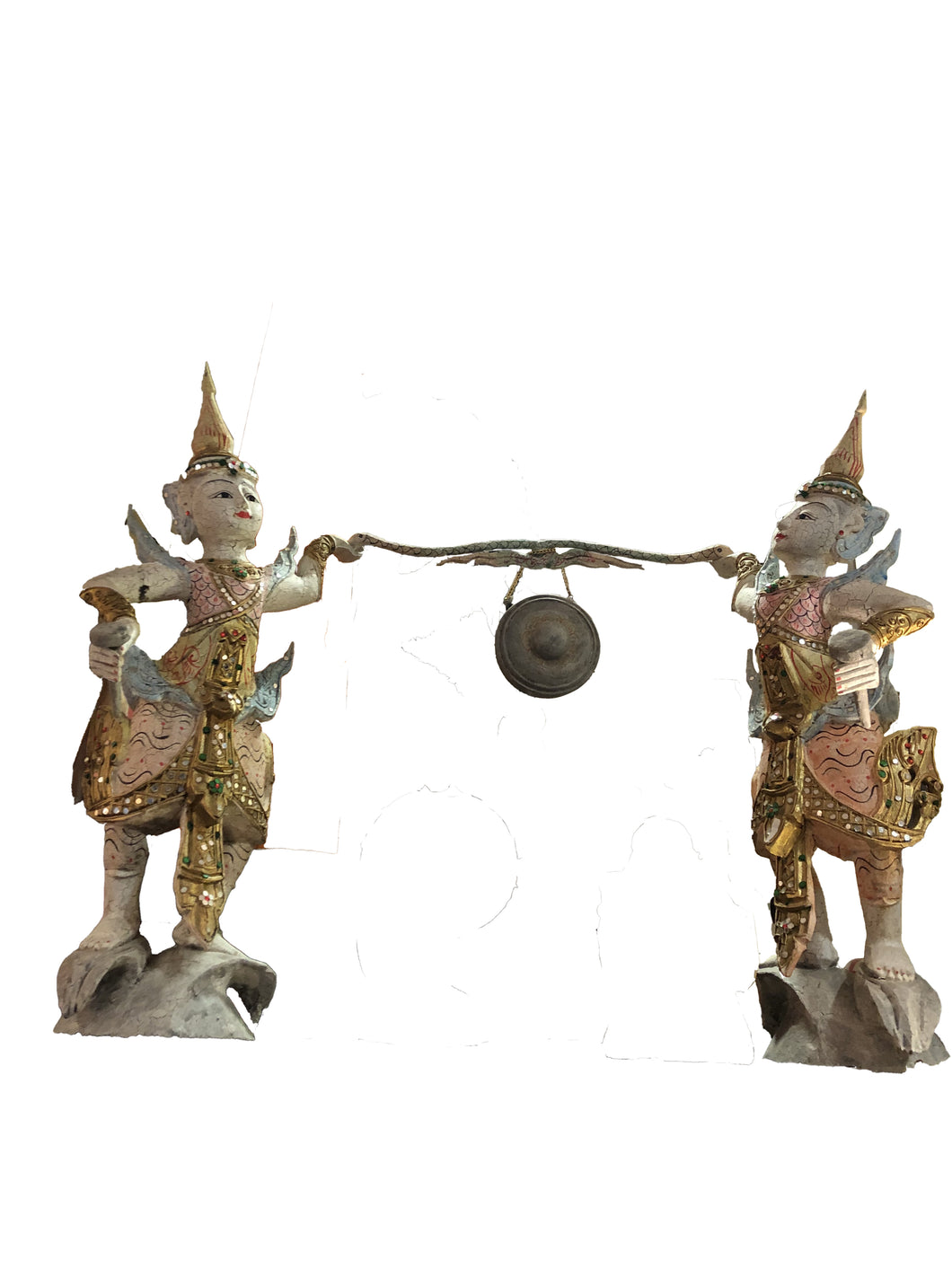 Statue Orientali in legno Angeli Custodi Thailandesi con Gong 70 cm