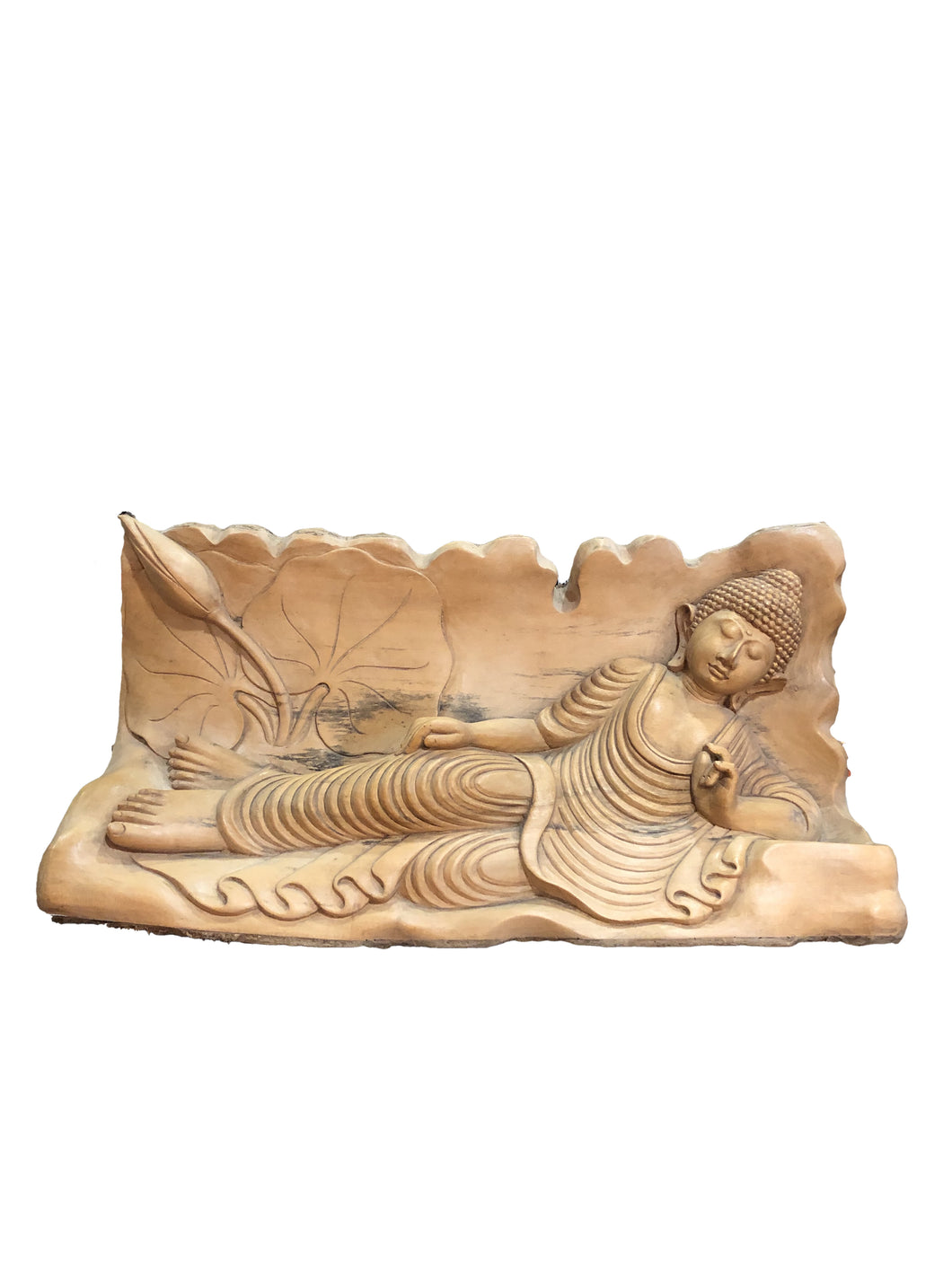 Statua Buddha steso inciso in legno di pino indonesiano