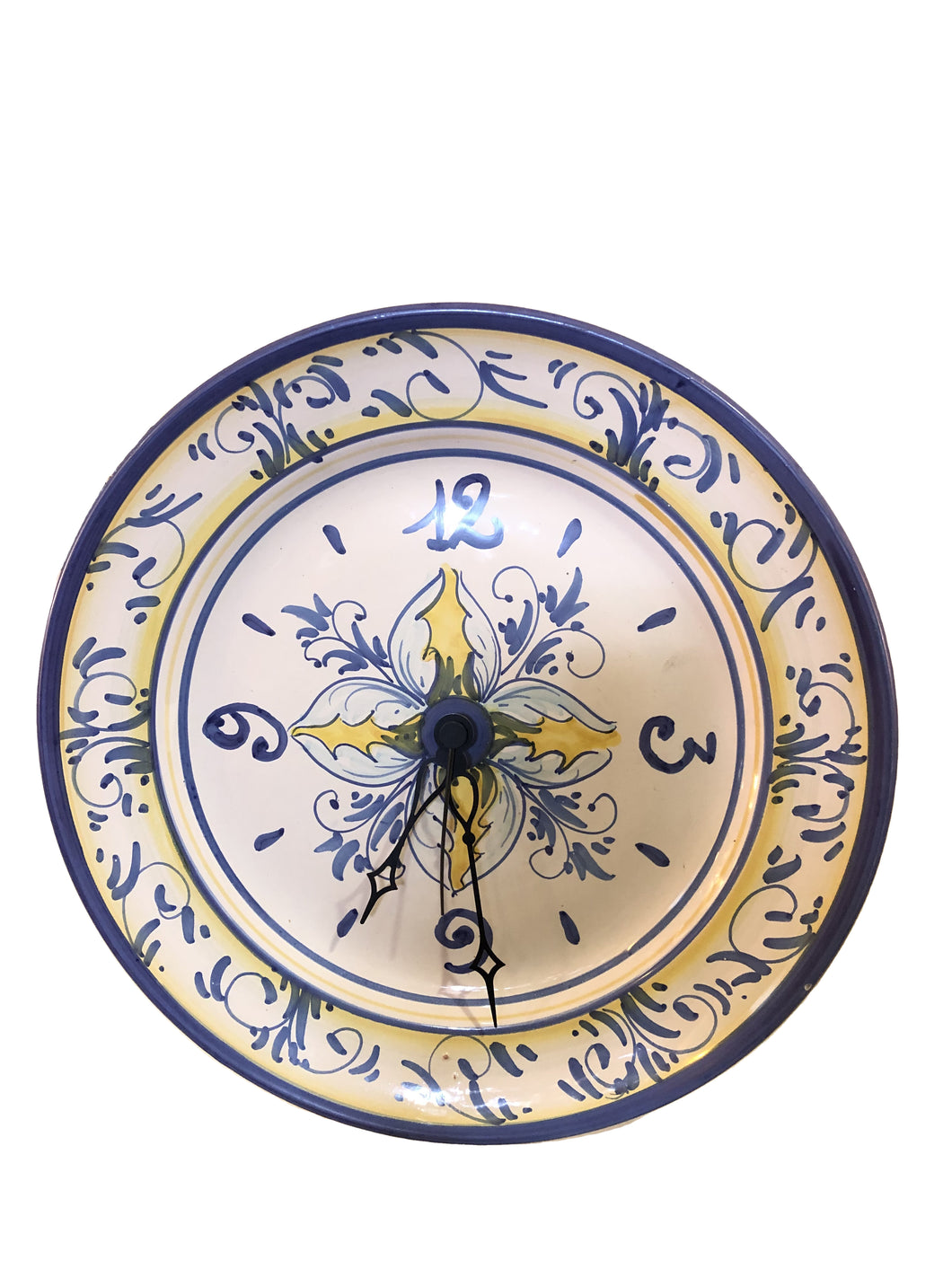 Orologio in ceramica da parete bianco, blu e giallo