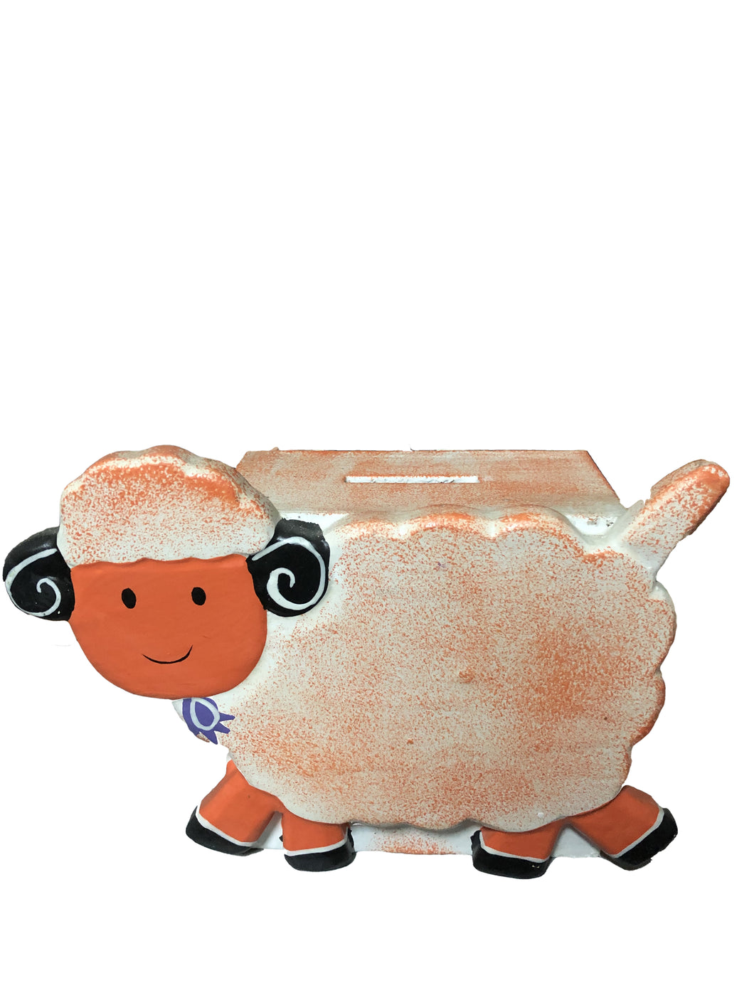 Salvadanaio in legno con pecorella arancione