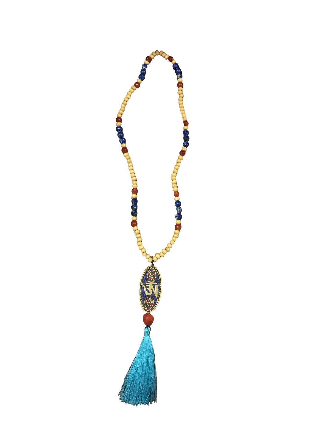 Mala Tibetano in legno, pietre dure e ciondolo in ottone con corallo fossile e lapis con simbolo Ohm