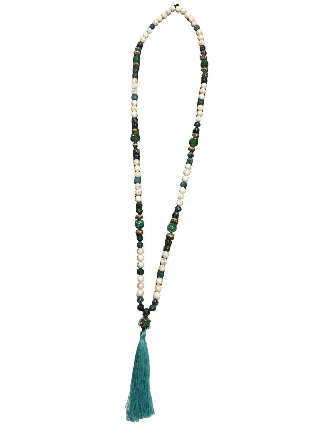 Mala Tibetano in argento 925 e pietre dure e nappina celeste