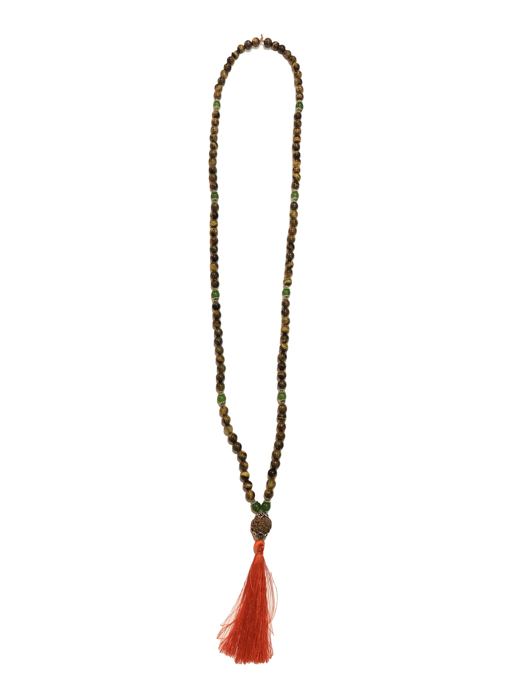 Mala Tibetano in occhio di tigre, agata verde e argento 925 con seme di Rudra finale