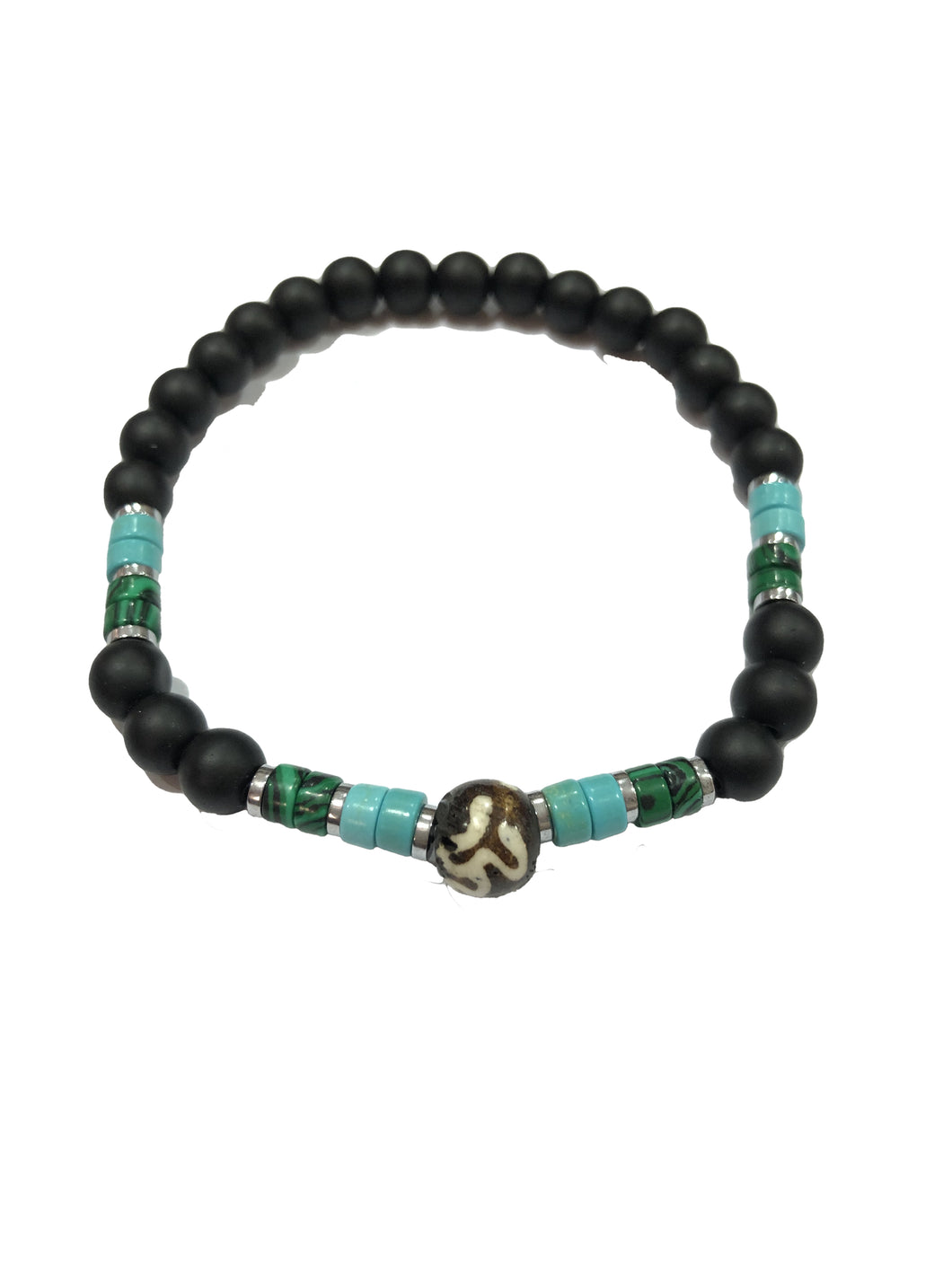 Bracciale in onice, turchese, malachite e ciondolo in yak con simbolo Ohm