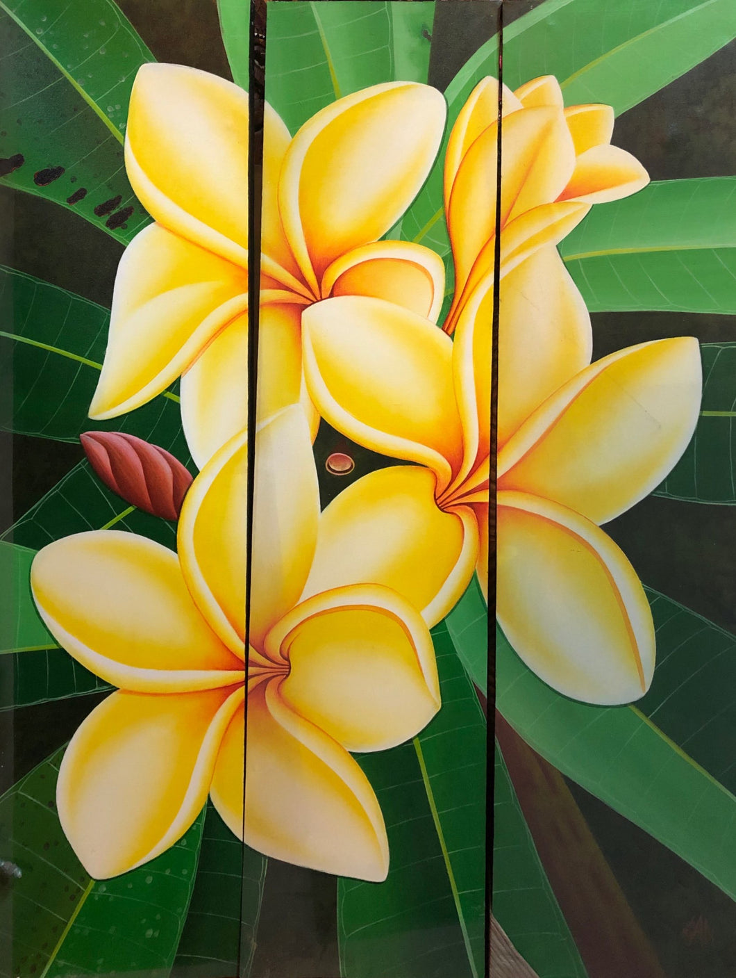 Tris di quadri di fiori frangipane giallo
