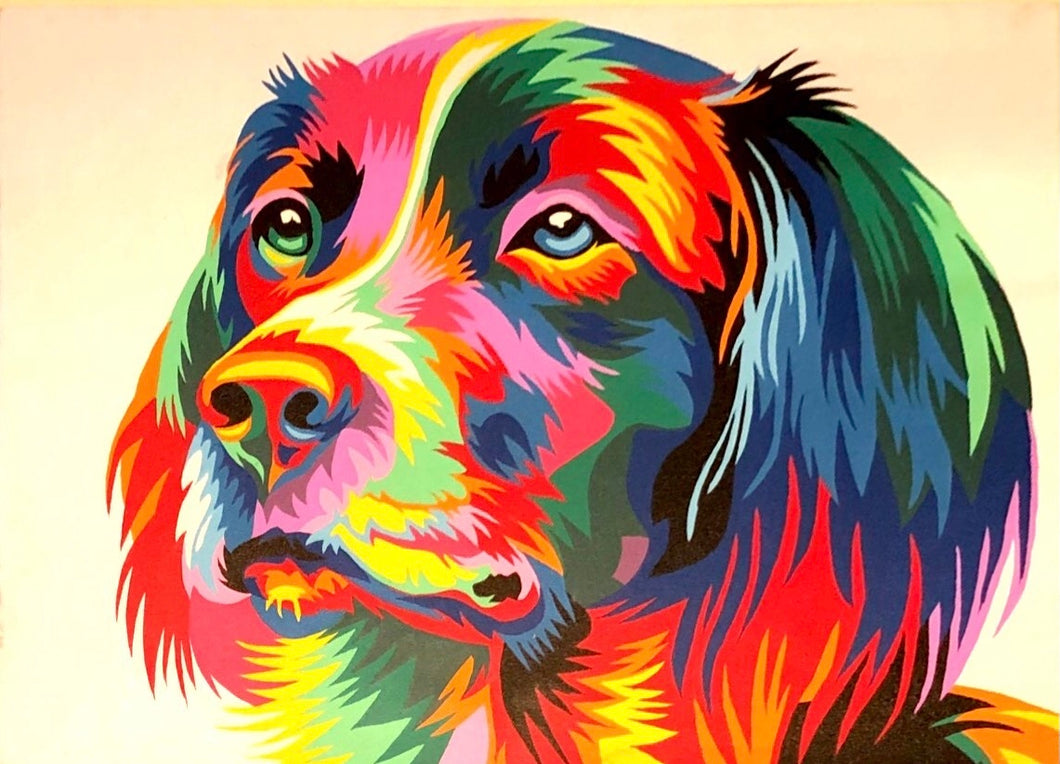 Quadro con cane dipinto in vari colori