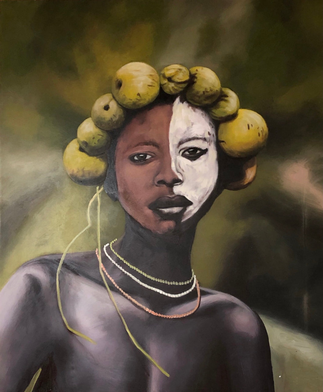 Quadro donna africana con metà volto bianco dipinto ad olio