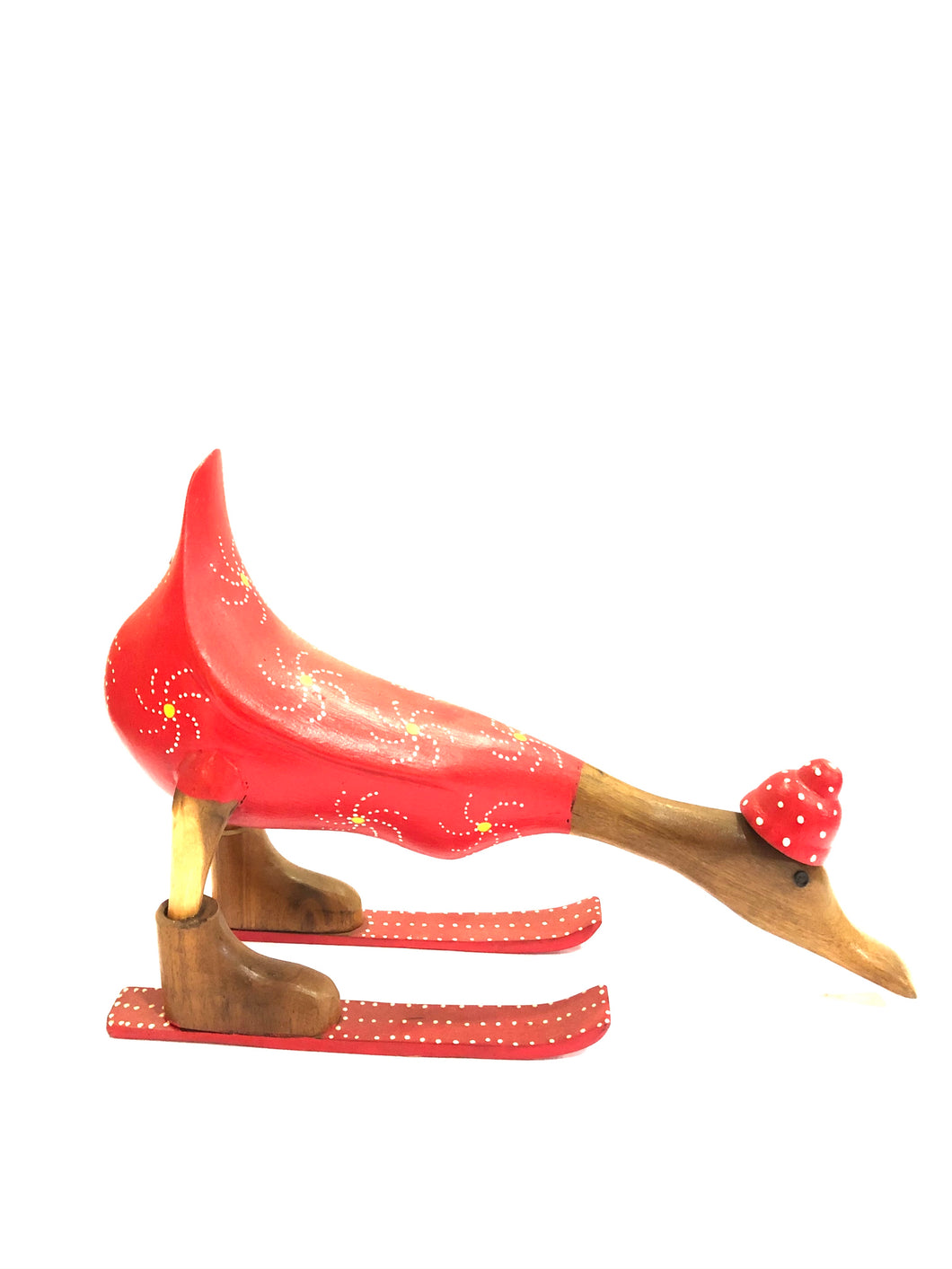 Anatra in legno color rosso a fantasia