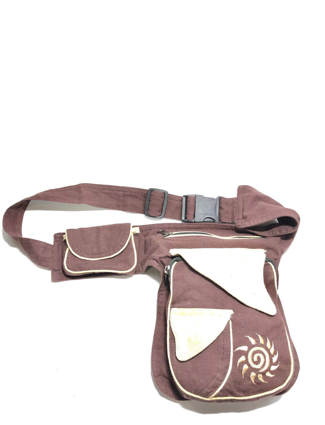 Borsa a tracolla in tessuto marrone con simbolo del sole