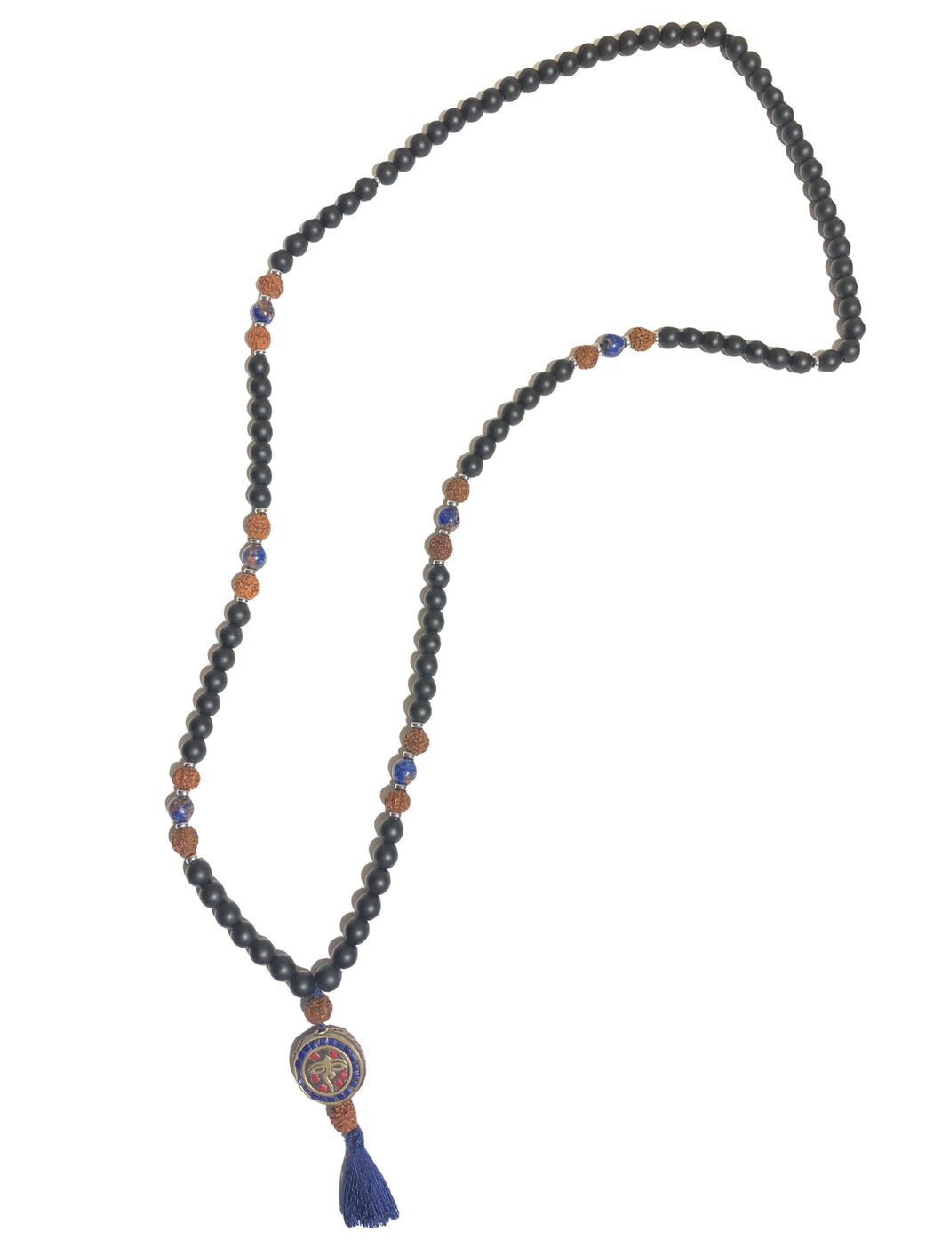 Mala Tibetano in onice, agata blu e semi di Rudra con ciondolo in ottone con occhi del Dio Buddha con lapislazzuli e corallo fossile